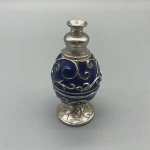 Decorative Perfume Oil bottle. Enameled Midnight blue Silver Tone Elegant Scroll